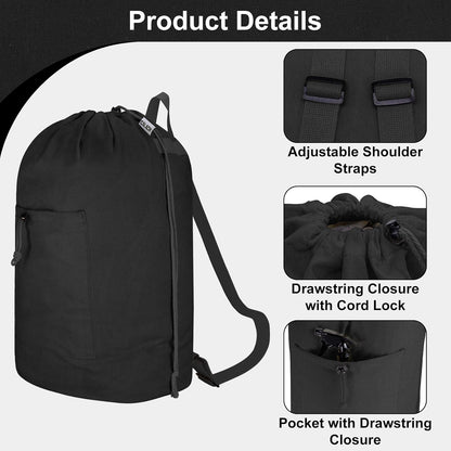 Laundry Bag Backpack, Canvas Laundry Bag with Straps & Drawstring Closure Washable Dirty Cloth Hamper Bag with Large Front Pocket for College, Travel, Laundromat, Camping (Beige)