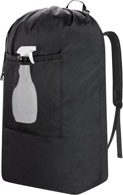 Laundry Bag Backpack, Canvas Laundry Bag with Straps & Drawstring Closure Washable Dirty Cloth Hamper Bag with Large Front Pocket for College, Travel, Laundromat, Camping (Beige)