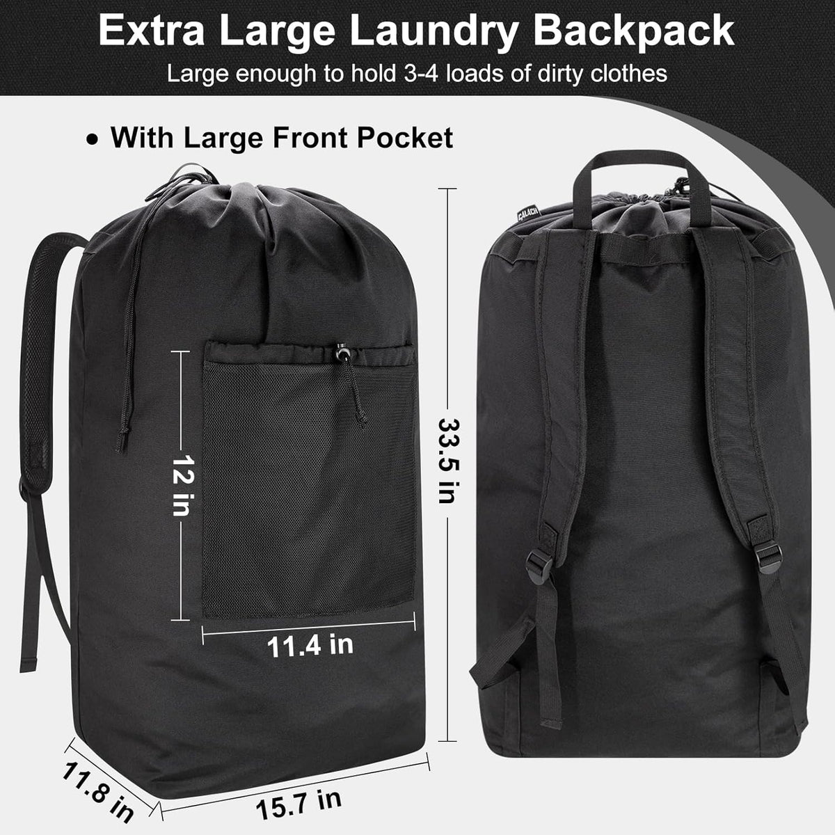 Laundry Bag Backpack, Canvas Laundry Bag with Straps & Drawstring Closure Washable Dirty Cloth Hamper Bag with Large Front Pocket for College, Travel, Laundromat, Camping (Beige)