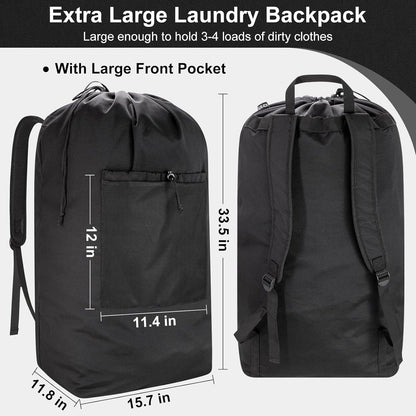 Laundry Bag Backpack, Canvas Laundry Bag with Straps & Drawstring Closure Washable Dirty Cloth Hamper Bag with Large Front Pocket for College, Travel, Laundromat, Camping (Beige)