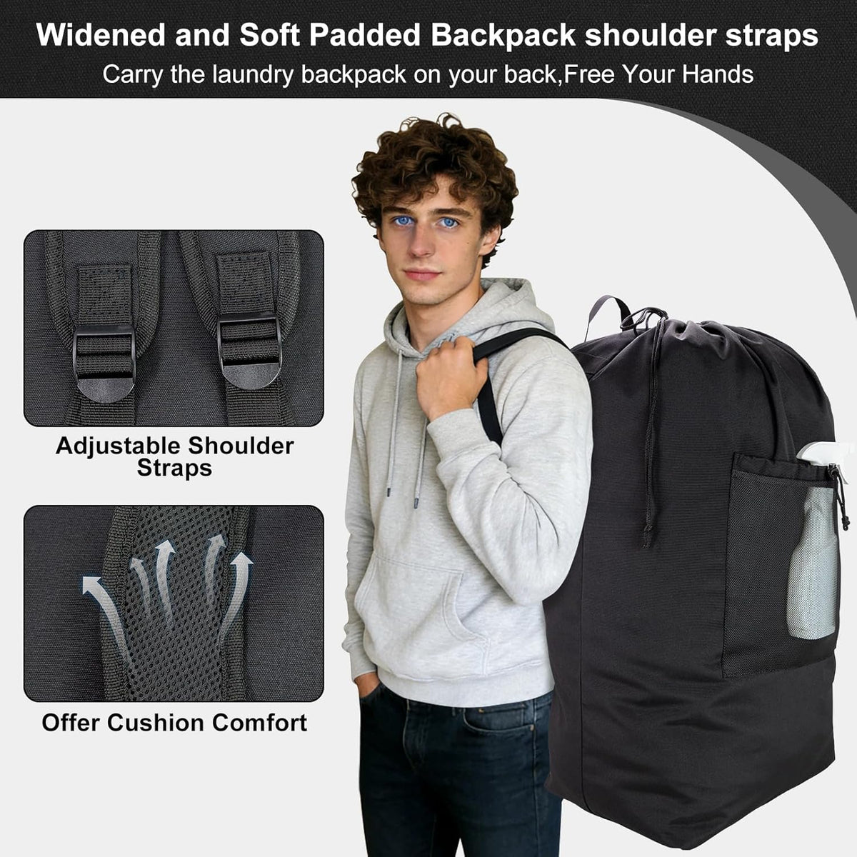 Laundry Bag Backpack, Canvas Laundry Bag with Straps & Drawstring Closure Washable Dirty Cloth Hamper Bag with Large Front Pocket for College, Travel, Laundromat, Camping (Beige)