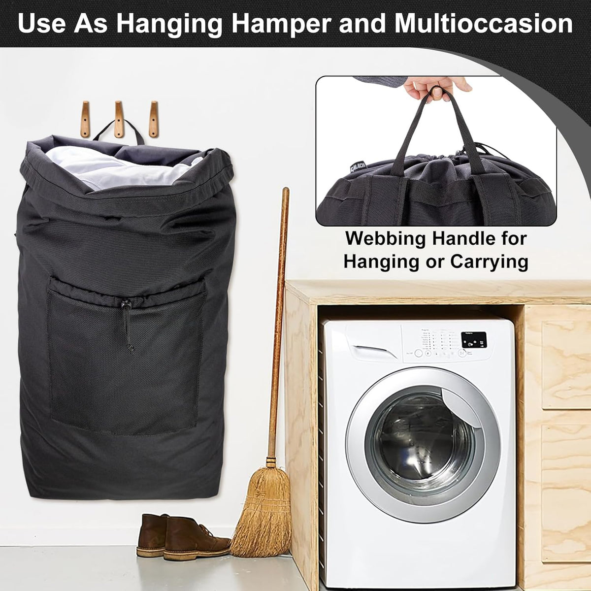 Laundry Bag Backpack, Canvas Laundry Bag with Straps & Drawstring Closure Washable Dirty Cloth Hamper Bag with Large Front Pocket for College, Travel, Laundromat, Camping (Beige)