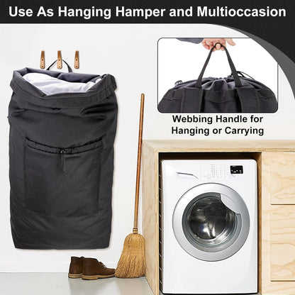 Laundry Bag Backpack, Canvas Laundry Bag with Straps & Drawstring Closure Washable Dirty Cloth Hamper Bag with Large Front Pocket for College, Travel, Laundromat, Camping (Beige)