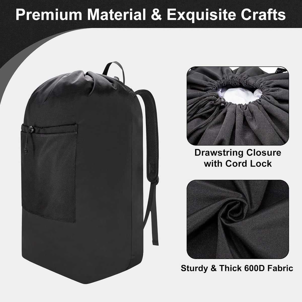 Laundry Bag Backpack, Canvas Laundry Bag with Straps & Drawstring Closure Washable Dirty Cloth Hamper Bag with Large Front Pocket for College, Travel, Laundromat, Camping (Beige)