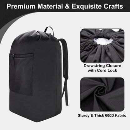 Laundry Bag Backpack, Canvas Laundry Bag with Straps & Drawstring Closure Washable Dirty Cloth Hamper Bag with Large Front Pocket for College, Travel, Laundromat, Camping (Beige)