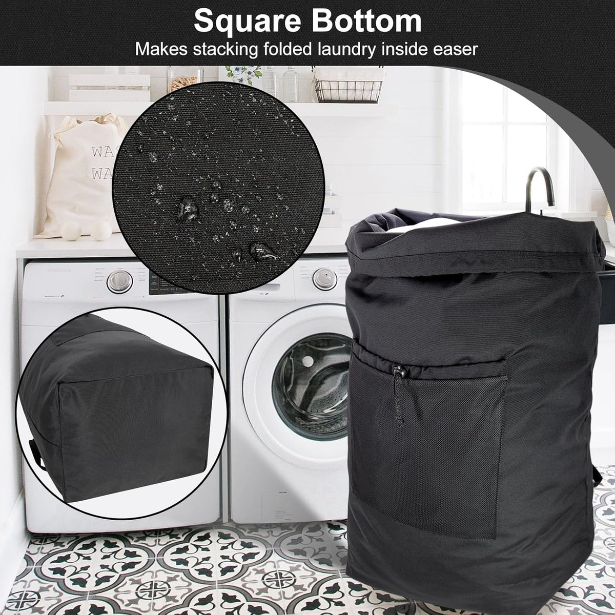 Laundry Bag Backpack, Canvas Laundry Bag with Straps & Drawstring Closure Washable Dirty Cloth Hamper Bag with Large Front Pocket for College, Travel, Laundromat, Camping (Beige)
