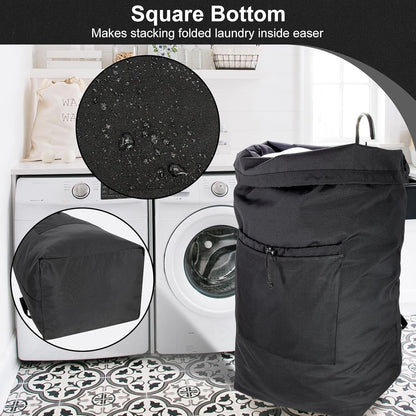 Laundry Bag Backpack, Canvas Laundry Bag with Straps & Drawstring Closure Washable Dirty Cloth Hamper Bag with Large Front Pocket for College, Travel, Laundromat, Camping (Beige)