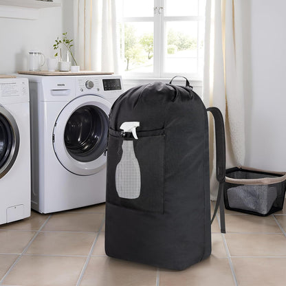 Laundry Bag Backpack, Canvas Laundry Bag with Straps & Drawstring Closure Washable Dirty Cloth Hamper Bag with Large Front Pocket for College, Travel, Laundromat, Camping (Beige)