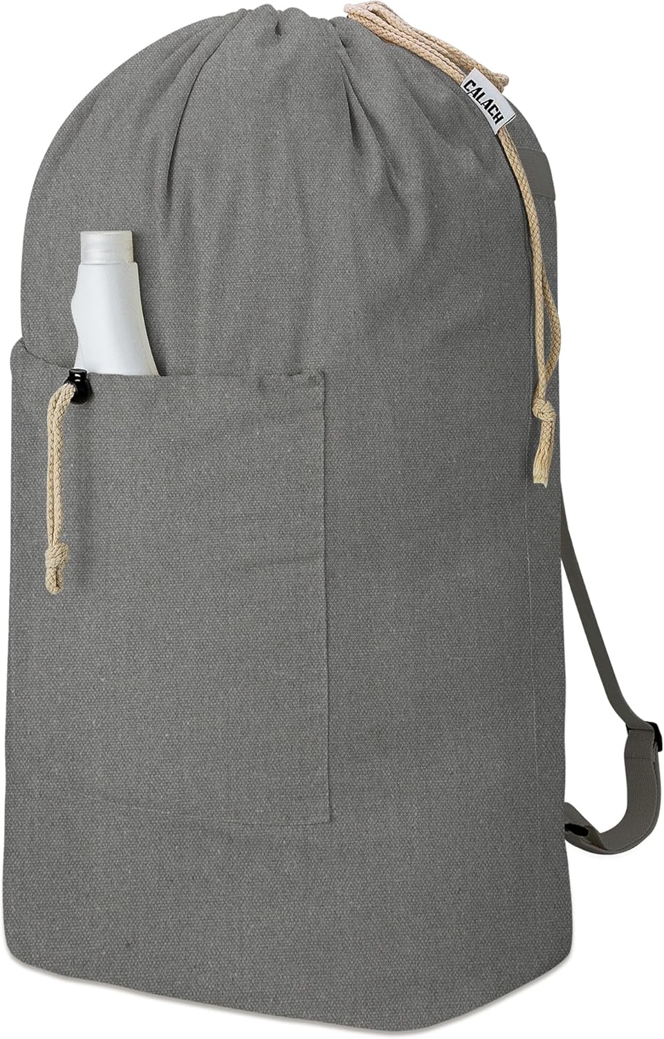 Laundry Bag Backpack, Canvas Laundry Bag with Straps & Drawstring Closure Washable Dirty Cloth Hamper Bag with Large Front Pocket for College, Travel, Laundromat, Camping (Beige)
