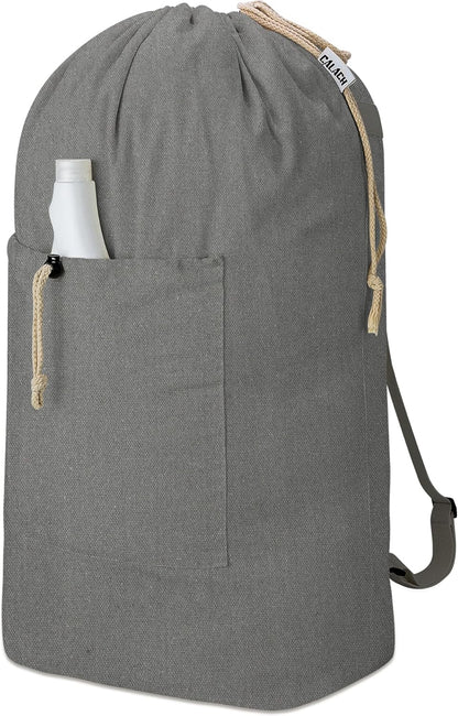Laundry Bag Backpack, Canvas Laundry Bag with Straps & Drawstring Closure Washable Dirty Cloth Hamper Bag with Large Front Pocket for College, Travel, Laundromat, Camping (Beige)