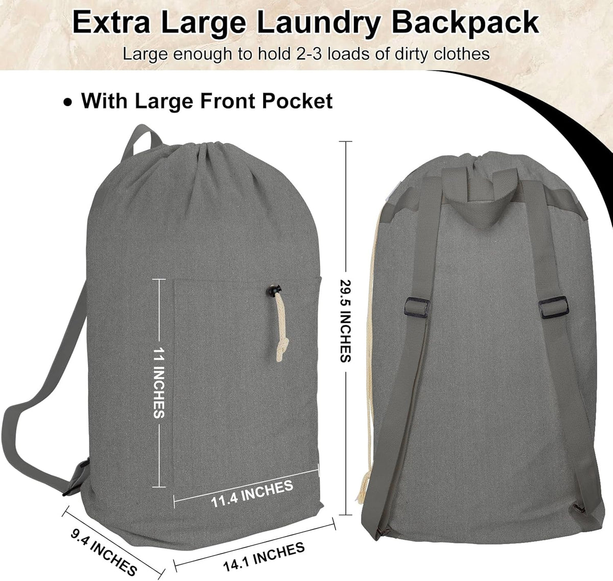 Laundry Bag Backpack, Canvas Laundry Bag with Straps & Drawstring Closure Washable Dirty Cloth Hamper Bag with Large Front Pocket for College, Travel, Laundromat, Camping (Beige)
