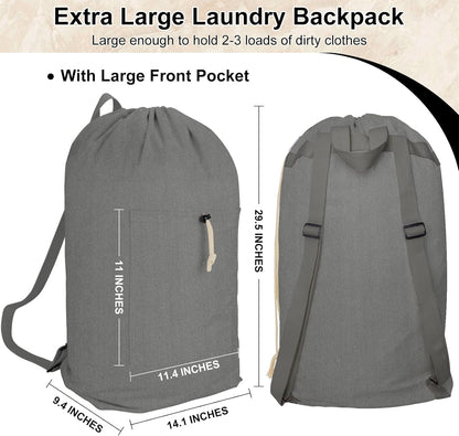 Laundry Bag Backpack, Canvas Laundry Bag with Straps & Drawstring Closure Washable Dirty Cloth Hamper Bag with Large Front Pocket for College, Travel, Laundromat, Camping (Beige)