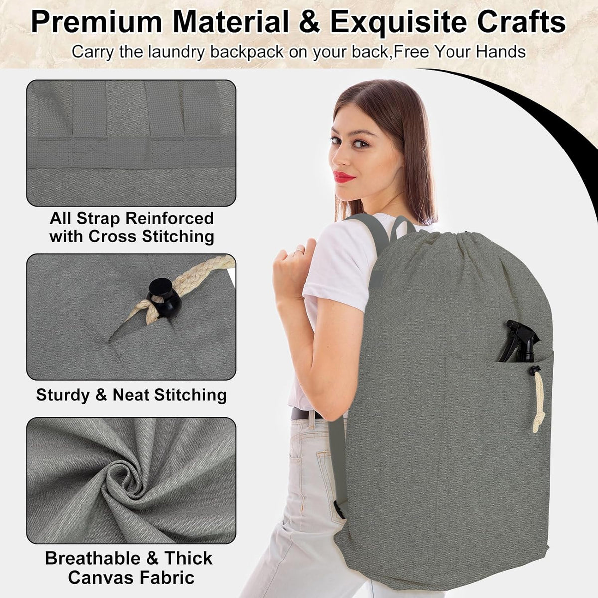 Laundry Bag Backpack, Canvas Laundry Bag with Straps & Drawstring Closure Washable Dirty Cloth Hamper Bag with Large Front Pocket for College, Travel, Laundromat, Camping (Beige)