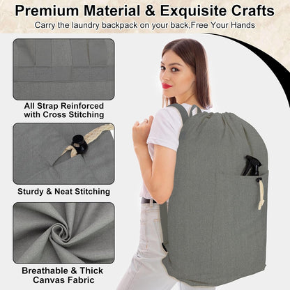 Laundry Bag Backpack, Canvas Laundry Bag with Straps & Drawstring Closure Washable Dirty Cloth Hamper Bag with Large Front Pocket for College, Travel, Laundromat, Camping (Beige)