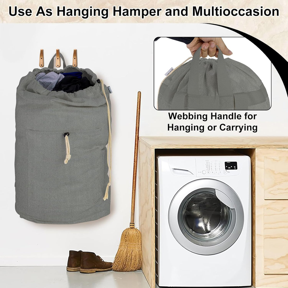 Laundry Bag Backpack, Canvas Laundry Bag with Straps & Drawstring Closure Washable Dirty Cloth Hamper Bag with Large Front Pocket for College, Travel, Laundromat, Camping (Beige)