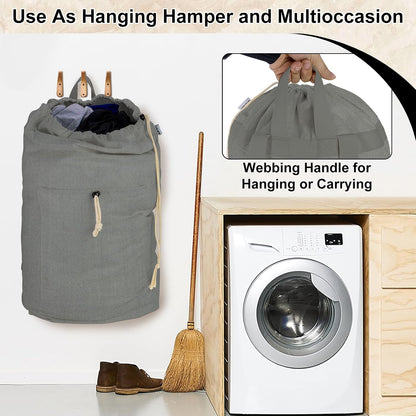 Laundry Bag Backpack, Canvas Laundry Bag with Straps & Drawstring Closure Washable Dirty Cloth Hamper Bag with Large Front Pocket for College, Travel, Laundromat, Camping (Beige)