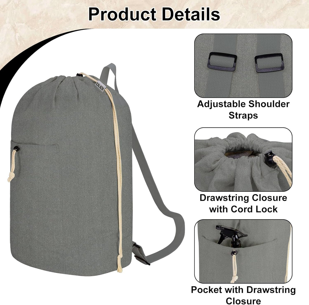 Laundry Bag Backpack, Canvas Laundry Bag with Straps & Drawstring Closure Washable Dirty Cloth Hamper Bag with Large Front Pocket for College, Travel, Laundromat, Camping (Beige)