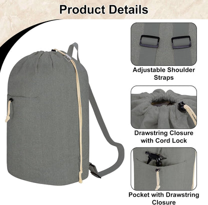 Laundry Bag Backpack, Canvas Laundry Bag with Straps & Drawstring Closure Washable Dirty Cloth Hamper Bag with Large Front Pocket for College, Travel, Laundromat, Camping (Beige)