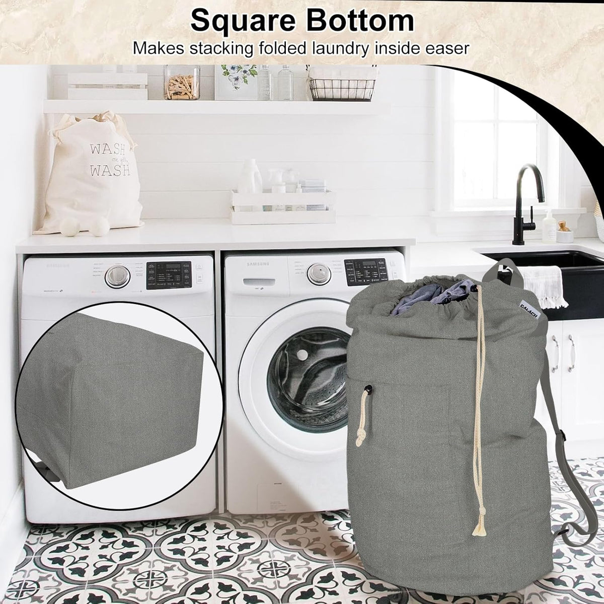 Laundry Bag Backpack, Canvas Laundry Bag with Straps & Drawstring Closure Washable Dirty Cloth Hamper Bag with Large Front Pocket for College, Travel, Laundromat, Camping (Beige)