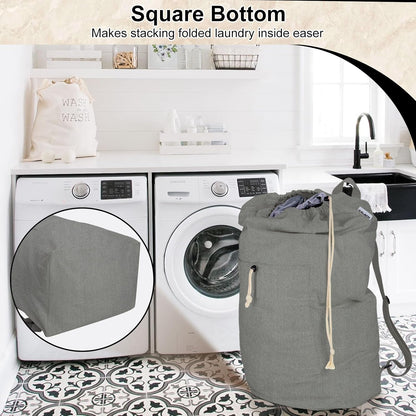 Laundry Bag Backpack, Canvas Laundry Bag with Straps & Drawstring Closure Washable Dirty Cloth Hamper Bag with Large Front Pocket for College, Travel, Laundromat, Camping (Beige)