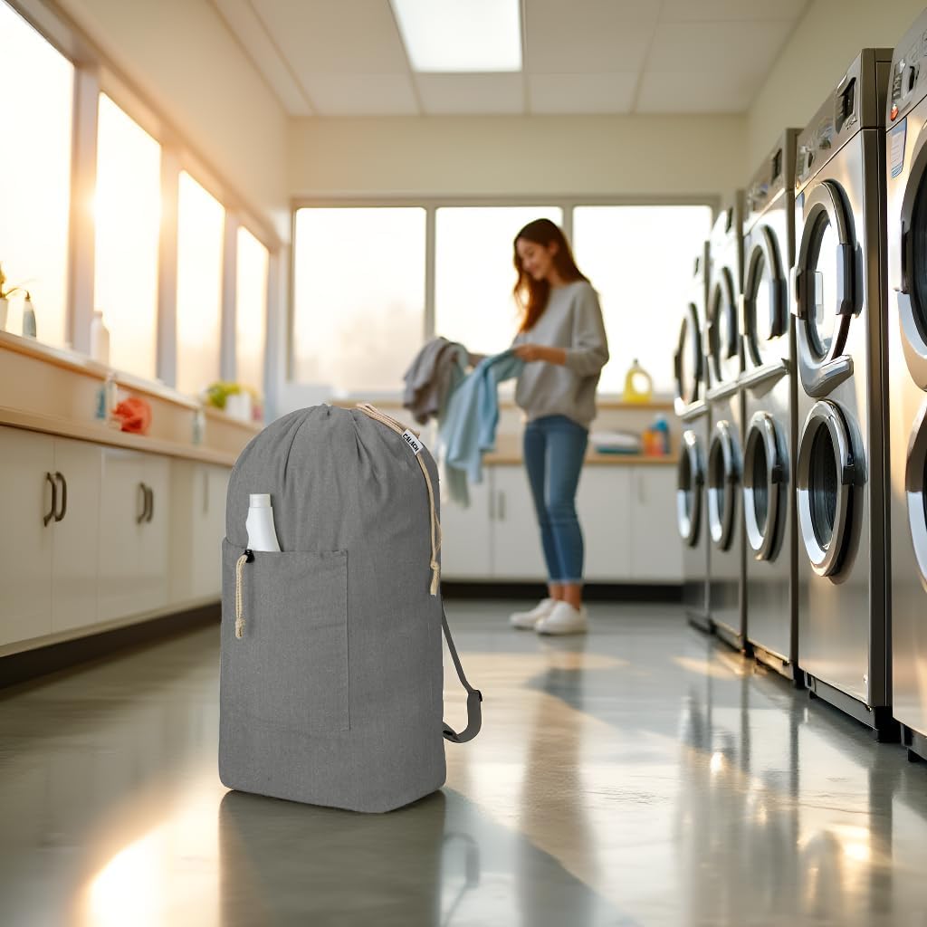 Laundry Bag Backpack, Canvas Laundry Bag with Straps & Drawstring Closure Washable Dirty Cloth Hamper Bag with Large Front Pocket for College, Travel, Laundromat, Camping (Beige)
