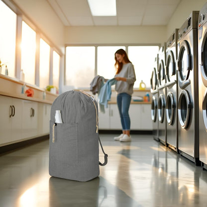 Laundry Bag Backpack, Canvas Laundry Bag with Straps & Drawstring Closure Washable Dirty Cloth Hamper Bag with Large Front Pocket for College, Travel, Laundromat, Camping (Beige)