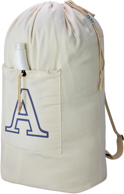 Laundry Bag Backpack, Canvas Laundry Bag with Straps & Drawstring Closure Washable Dirty Cloth Hamper Bag with Large Front Pocket for College, Travel, Laundromat, Camping (Beige)