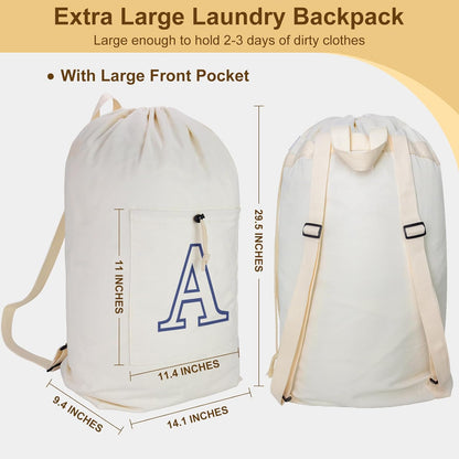 Laundry Bag Backpack, Canvas Laundry Bag with Straps & Drawstring Closure Washable Dirty Cloth Hamper Bag with Large Front Pocket for College, Travel, Laundromat, Camping (Beige)