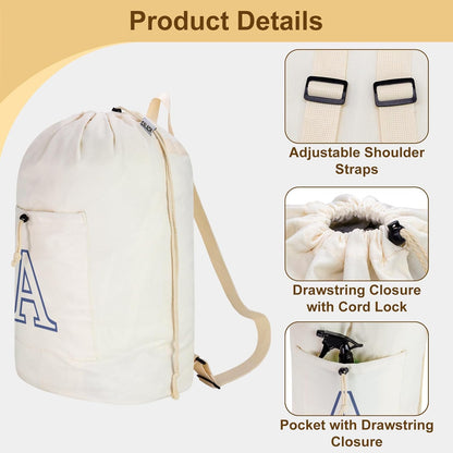 Laundry Bag Backpack, Canvas Laundry Bag with Straps & Drawstring Closure Washable Dirty Cloth Hamper Bag with Large Front Pocket for College, Travel, Laundromat, Camping (Beige)