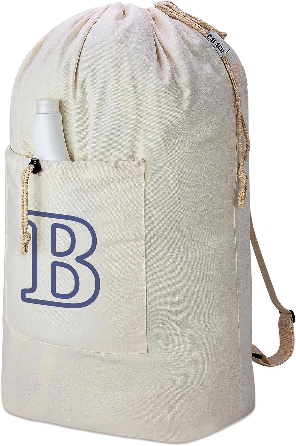 Laundry Bag Backpack, Canvas Laundry Bag with Straps & Drawstring Closure Washable Dirty Cloth Hamper Bag with Large Front Pocket for College, Travel, Laundromat, Camping (Beige)