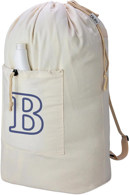 Laundry Bag Backpack, Canvas Laundry Bag with Straps & Drawstring Closure Washable Dirty Cloth Hamper Bag with Large Front Pocket for College, Travel, Laundromat, Camping (Beige)