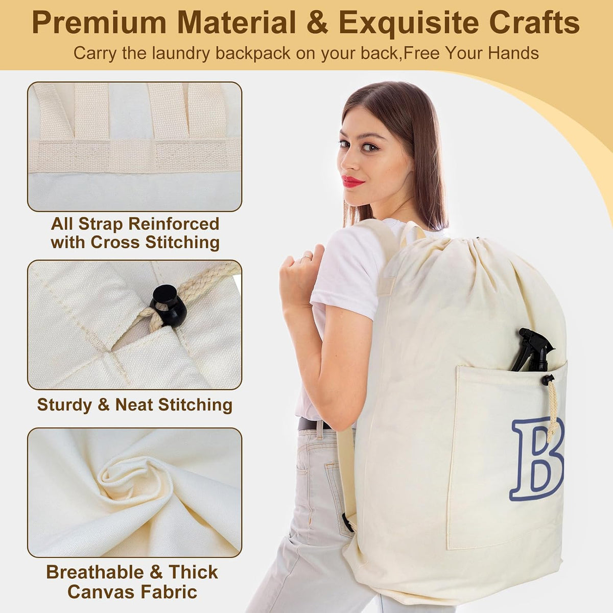 Laundry Bag Backpack, Canvas Laundry Bag with Straps & Drawstring Closure Washable Dirty Cloth Hamper Bag with Large Front Pocket for College, Travel, Laundromat, Camping (Beige)