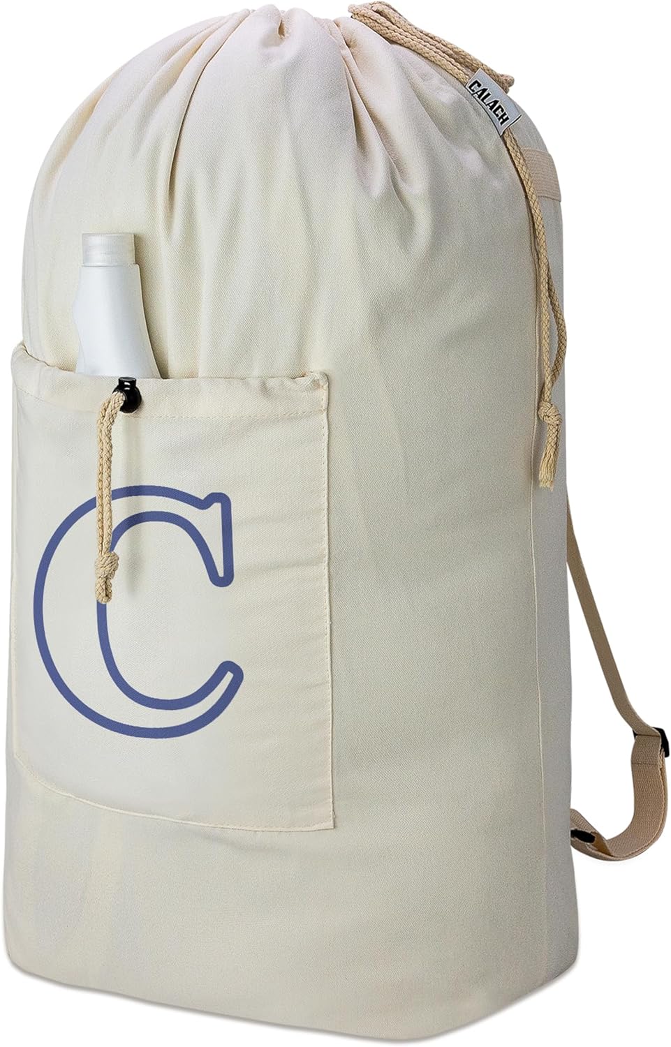 Laundry Bag Backpack, Canvas Laundry Bag with Straps & Drawstring Closure Washable Dirty Cloth Hamper Bag with Large Front Pocket for College, Travel, Laundromat, Camping (Beige)