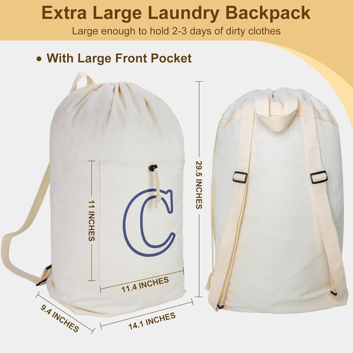 Laundry Bag Backpack, Canvas Laundry Bag with Straps & Drawstring Closure Washable Dirty Cloth Hamper Bag with Large Front Pocket for College, Travel, Laundromat, Camping (Beige)