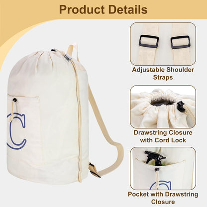 Laundry Bag Backpack, Canvas Laundry Bag with Straps & Drawstring Closure Washable Dirty Cloth Hamper Bag with Large Front Pocket for College, Travel, Laundromat, Camping (Beige)
