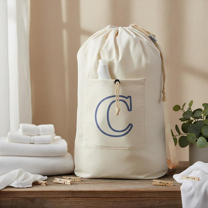 Laundry Bag Backpack, Canvas Laundry Bag with Straps & Drawstring Closure Washable Dirty Cloth Hamper Bag with Large Front Pocket for College, Travel, Laundromat, Camping (Beige)