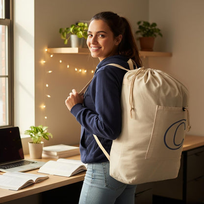 Laundry Bag Backpack, Canvas Laundry Bag with Straps & Drawstring Closure Washable Dirty Cloth Hamper Bag with Large Front Pocket for College, Travel, Laundromat, Camping (Beige)