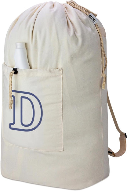 Laundry Bag Backpack, Canvas Laundry Bag with Straps & Drawstring Closure Washable Dirty Cloth Hamper Bag with Large Front Pocket for College, Travel, Laundromat, Camping (Beige)