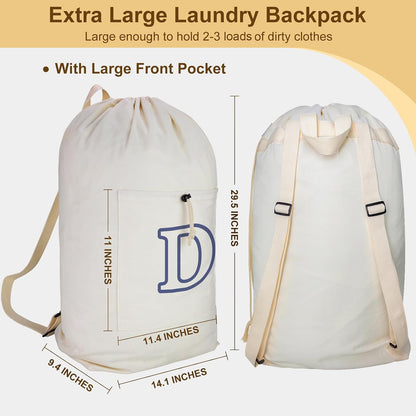 Laundry Bag Backpack, Canvas Laundry Bag with Straps & Drawstring Closure Washable Dirty Cloth Hamper Bag with Large Front Pocket for College, Travel, Laundromat, Camping (Beige)