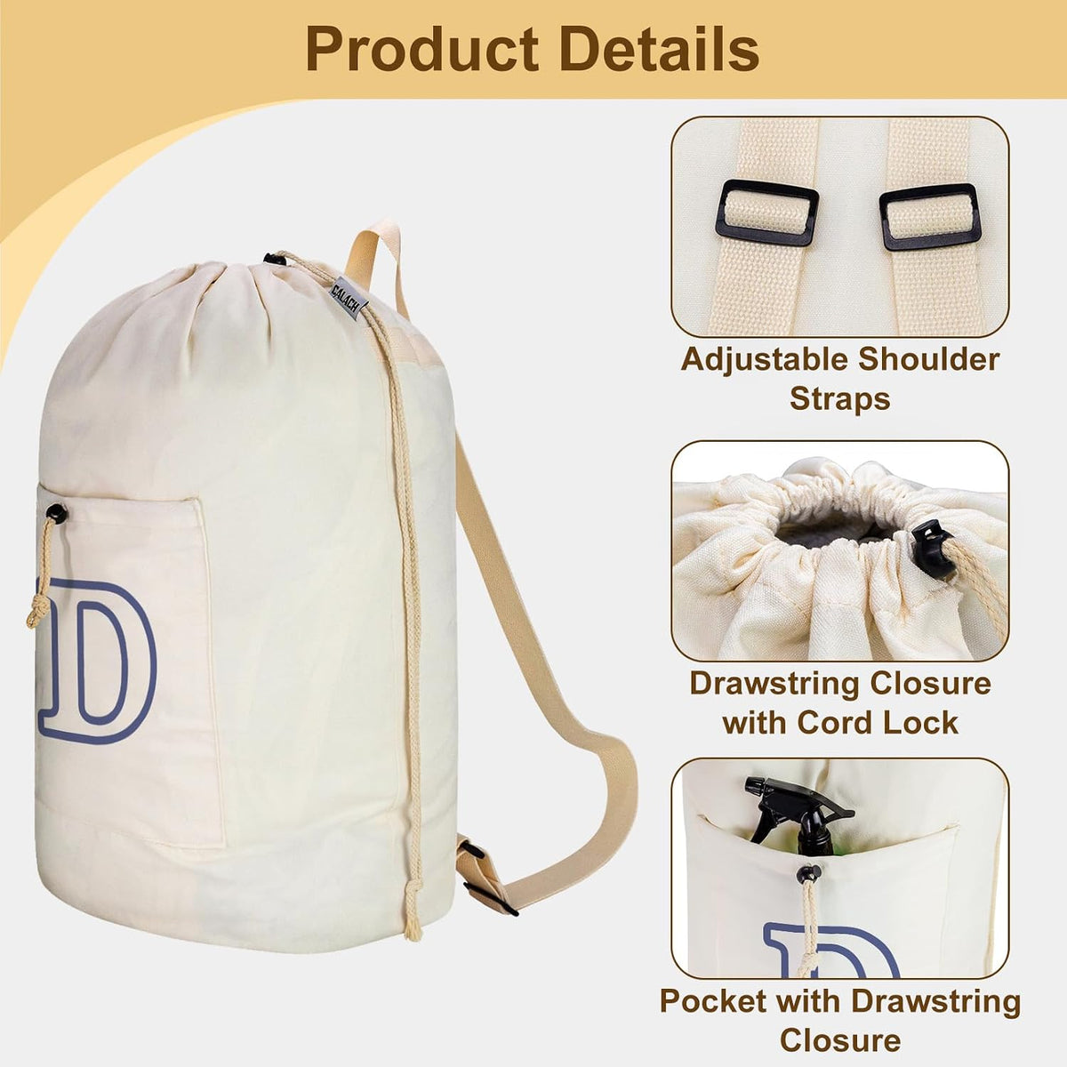 Laundry Bag Backpack, Canvas Laundry Bag with Straps & Drawstring Closure Washable Dirty Cloth Hamper Bag with Large Front Pocket for College, Travel, Laundromat, Camping (Beige)