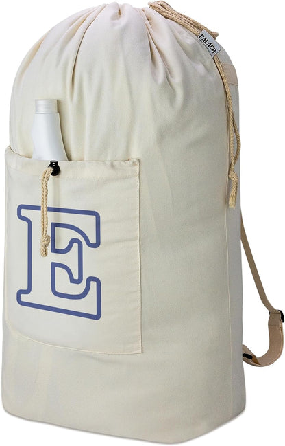 Laundry Bag Backpack, Canvas Laundry Bag with Straps & Drawstring Closure Washable Dirty Cloth Hamper Bag with Large Front Pocket for College, Travel, Laundromat, Camping (Beige)