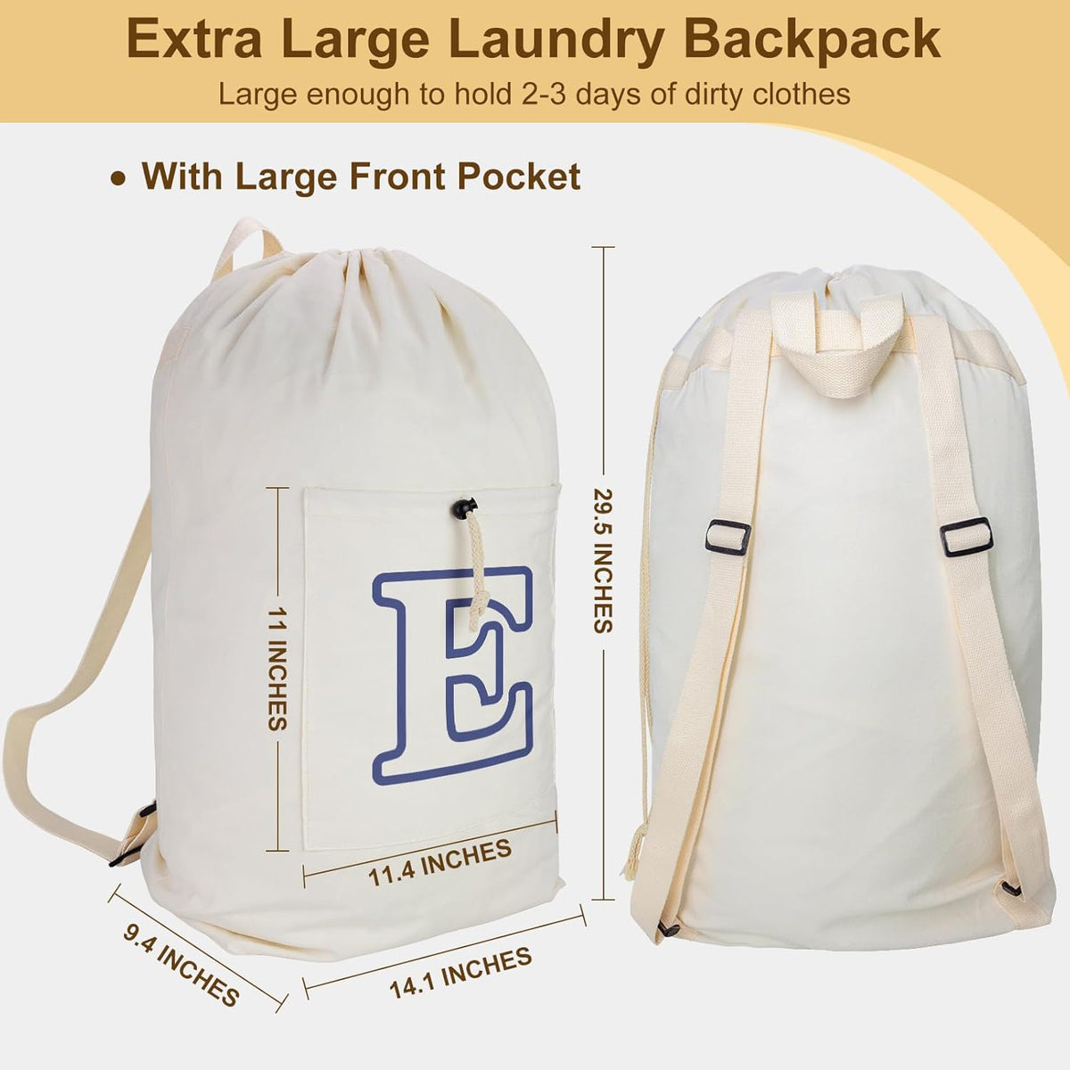 Laundry Bag Backpack, Canvas Laundry Bag with Straps & Drawstring Closure Washable Dirty Cloth Hamper Bag with Large Front Pocket for College, Travel, Laundromat, Camping (Beige)