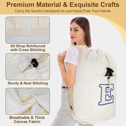 Laundry Bag Backpack, Canvas Laundry Bag with Straps & Drawstring Closure Washable Dirty Cloth Hamper Bag with Large Front Pocket for College, Travel, Laundromat, Camping (Beige)