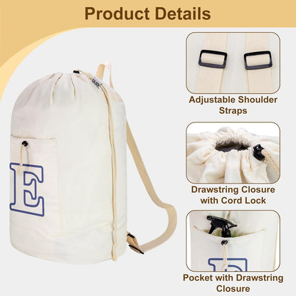 Laundry Bag Backpack, Canvas Laundry Bag with Straps & Drawstring Closure Washable Dirty Cloth Hamper Bag with Large Front Pocket for College, Travel, Laundromat, Camping (Beige)