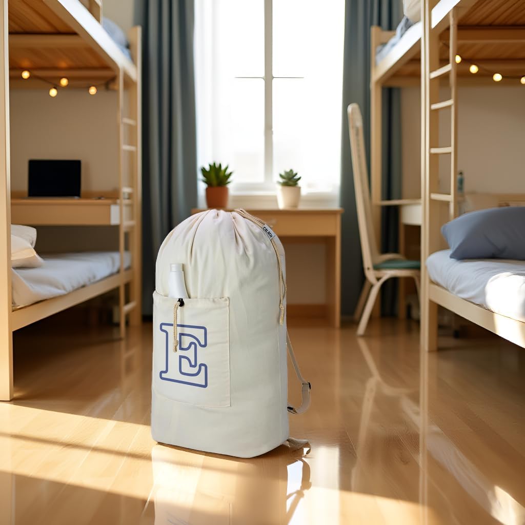Laundry Bag Backpack, Canvas Laundry Bag with Straps & Drawstring Closure Washable Dirty Cloth Hamper Bag with Large Front Pocket for College, Travel, Laundromat, Camping (Beige)