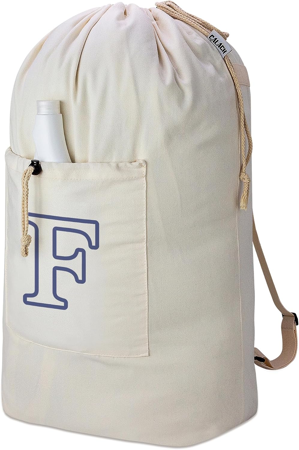Laundry Bag Backpack, Canvas Laundry Bag with Straps & Drawstring Closure Washable Dirty Cloth Hamper Bag with Large Front Pocket for College, Travel, Laundromat, Camping (Beige)