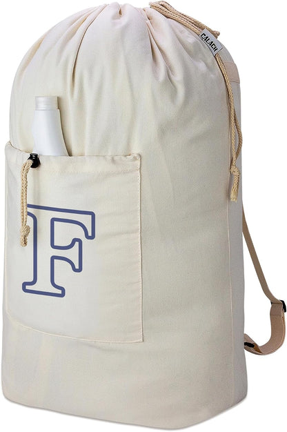 Laundry Bag Backpack, Canvas Laundry Bag with Straps & Drawstring Closure Washable Dirty Cloth Hamper Bag with Large Front Pocket for College, Travel, Laundromat, Camping (Beige)