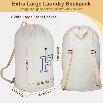 Laundry Bag Backpack, Canvas Laundry Bag with Straps & Drawstring Closure Washable Dirty Cloth Hamper Bag with Large Front Pocket for College, Travel, Laundromat, Camping (Beige)