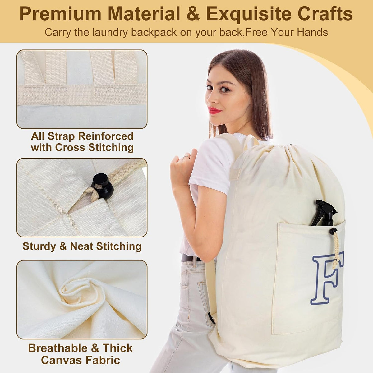 Laundry Bag Backpack, Canvas Laundry Bag with Straps & Drawstring Closure Washable Dirty Cloth Hamper Bag with Large Front Pocket for College, Travel, Laundromat, Camping (Beige)