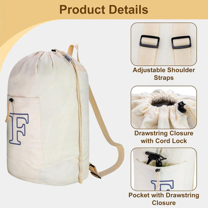 Laundry Bag Backpack, Canvas Laundry Bag with Straps & Drawstring Closure Washable Dirty Cloth Hamper Bag with Large Front Pocket for College, Travel, Laundromat, Camping (Beige)